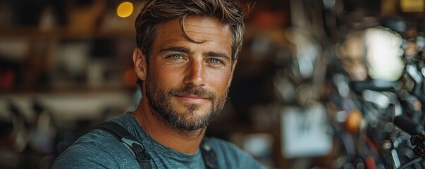 Confident Man in a Bicycle Workshop Surrounded by Equipment and Accessories