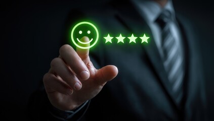 Businessman's finger selects glowing positive rating