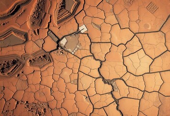 Arid expanse scarred by industrial activity, viewed from above; abstract textures reveal human impact,  desert,  resource