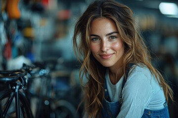 Smiling woman in a workshop setting surrounded by tools and bicycles