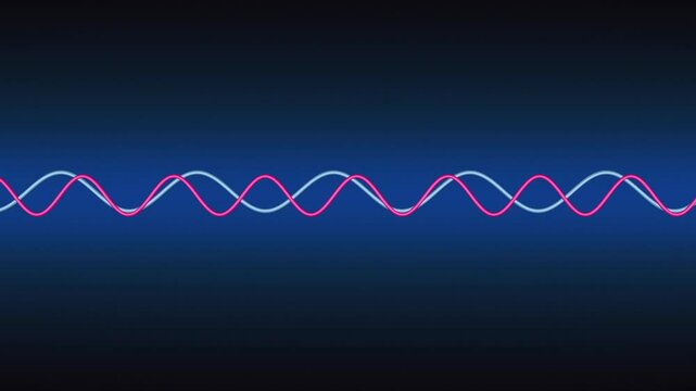 Sine waves moving from left to right. Pink and blue sine wave. Science, technology, curve, oscillator, math, physics, concept. 3D animation