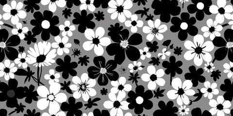 Black & white floral silhouettes, randomly arranged seamless repeat vector pattern,  allover,  simple