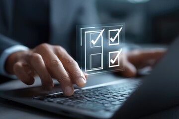 Businessperson using laptop with checklist overlay