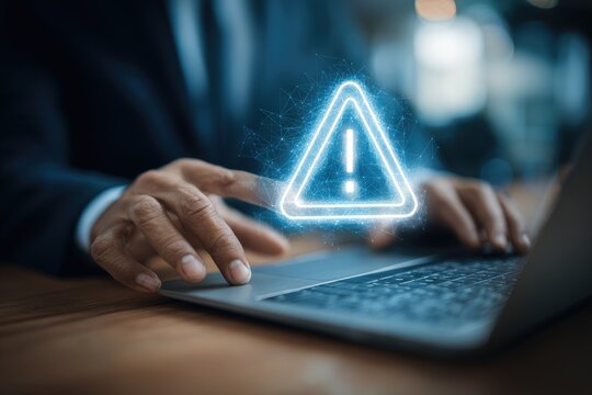 Businessperson's hands hover over a laptop with a glowing warning sign
