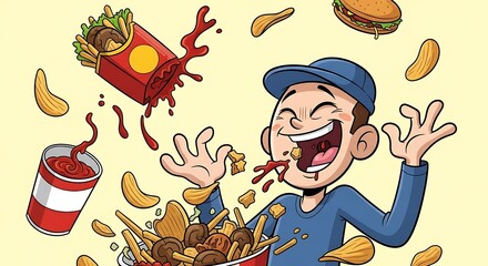 Happy boy cartoon character eating fast food messy illustration on light background.