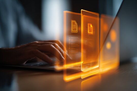 Person working on laptop, overlaid with glowing file icons
