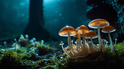 Surreal mushrooms with translucent caps and floating spores, set in a bioluminescent cave
