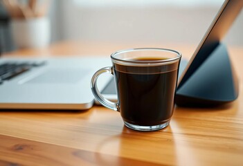 Close-up of coffee cup and laptop on wooden desk, cup, notebook