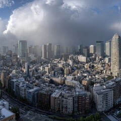 Panoramic city view, dramatic sky