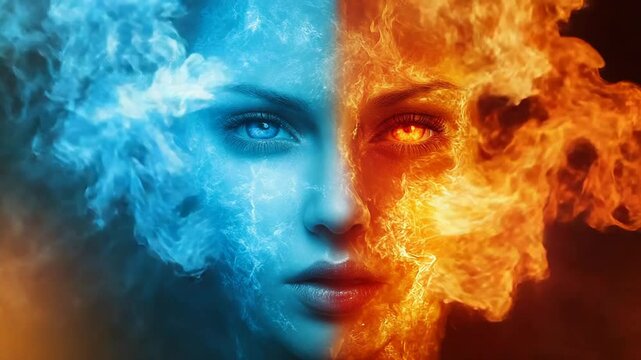 Woman showing duality between fire and ice elements