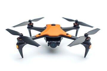 An orange and black drone with four propellers and a frontfacing camera is captured from a lowangle front view, isolated on a white background