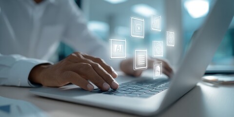 Person using laptop, digital icons overlay