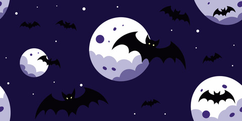 Spooky Halloween night sky with full moon, flying bats, and witch silhouettes