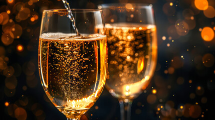 Sparkling champagne being poured into elegant glasses with festive bokeh background