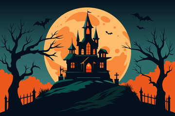 Spooky Halloween night with a haunted castle, full moon, flying bats, and scary trees on a hill, perfect for an October celebration design