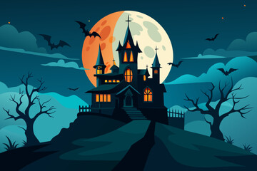 Spooky Halloween night with a haunted castle and house silhouettes under a full moon, surrounded by bats, pumpkins, and autumn trees