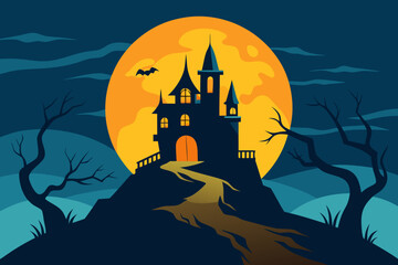 Spooky haunted house and castle silhouettes on a hill with bats on a dark Halloween night
