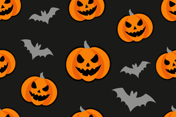 Spooky Halloween seamless pattern with smiling pumpkin faces, perfect for autumn holiday celebration decorations