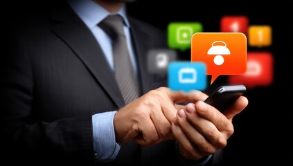 Businessman uses smartphone with app icons