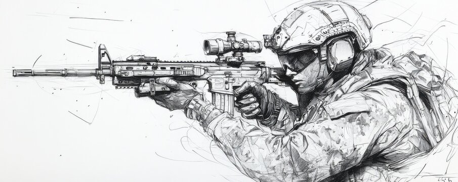 Detailed sketch of a soldier aiming with a rifle in full gear
