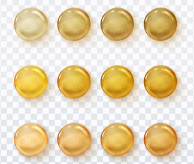 Golden oil drop set for skincare and beauty product design, vector isolated