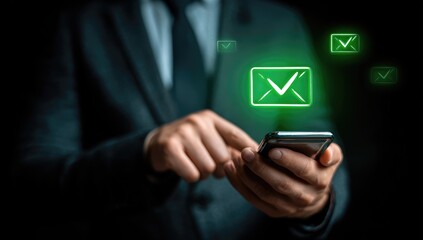 Businessman using phone with email icons