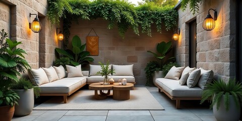 Fototapeta premium Serene Courtyard Oasis Luxury Outdoor Seating Area with Ambient Lighting and Lush Greenery