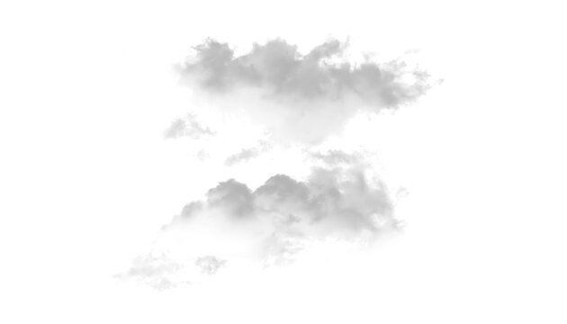 A pair of fluffy white clouds are isolated against a bright transparent background