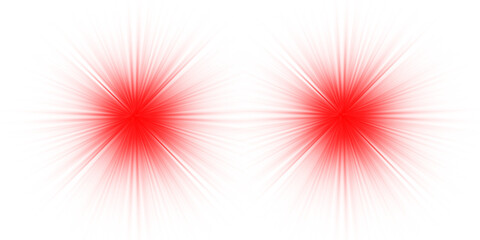 Vibrant red starburst light effects. Intense graphic elements providing focus and energy. Isolated on transparent background for striking visuals. PNG.