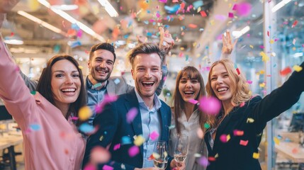 Celebration in the Office: A team celebrates an accomplishment, surrounded by confetti and a festive atmosphere. The image captures joy, success, and the thrill of teamwork.