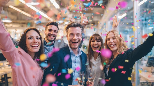 Celebration in the Office: A team celebrates an accomplishment, surrounded by confetti and a festive atmosphere. The image captures joy, success, and the thrill of teamwork.