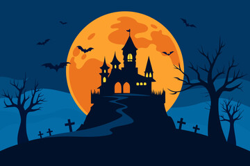 Spooky Halloween night with a haunted castle, silhouetted trees, and bats under a full moon, perfect for an October celebration background
