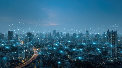 Digital City Network: A captivating high-angle shot of a sprawling cityscape at dusk, interwoven with a network of interconnected digital nodes.