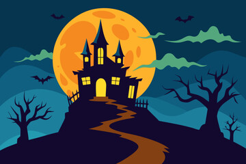 Spooky Halloween night with a haunted castle, silhouetted trees, and bats under a full moon