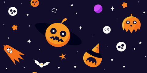 Seamless vector cartoon space pattern with moon, stars, planets, and rocket for your text