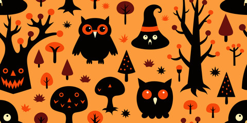 Halloween seamless pattern with cartoon pumpkins, bats, and spooky elements