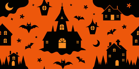 Spooky Halloween night with haunted house, ancient castle, and pumpkin silhouettes under a full moon, perfect for a scary autumn holiday celebration vector illustration