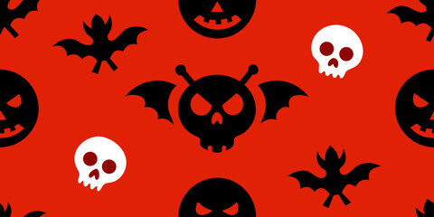 Spooky Halloween seamless pattern with bats, pumpkins, and a black cat illustration for a dark October night design
