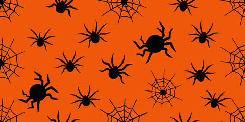 A seamless vector pattern of an insect collection featuring a spider on its web, alongside silhouettes of various bugs and animals like ants, beetles, and butterflies on black