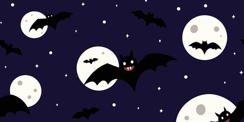 Spooky Halloween seamless pattern with flying bats, witch, and black cat silhouettes under a full moon and stars