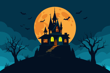 Spooky Halloween night with a haunted house, castle, and bats silhouetted against an autumn moonlit sky
