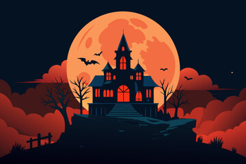 Spooky Halloween night with a haunted castle, full moon, flying bats, and scary pumpkins by a twisted tree