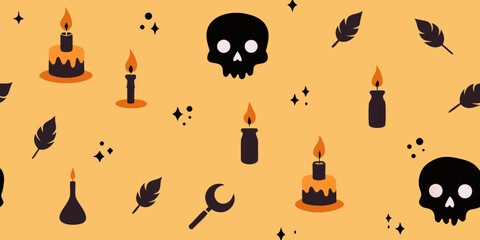 A spooky Halloween seamless pattern featuring pumpkins, bats, and ghosts with red and yellow flames