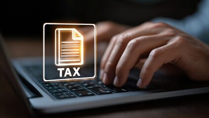 Hands typing on a laptop keyboard with a glowing tax document icon