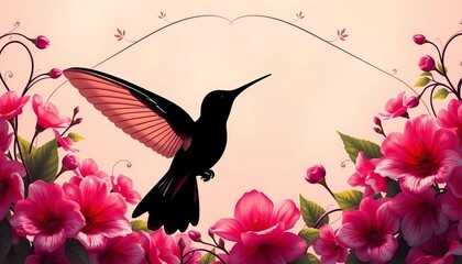Elegant hummingbird silhouette, intricate floral frame ,  illustration,  bird
