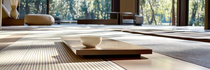Cozy workspace with wood table, bright natural light flooding in, open layout design, inviting atmosphere for productivity.