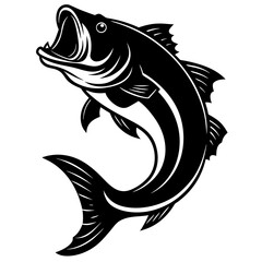  a large bass fish leaping from the water with its mouth open, symbolizing sport fishing silhouette black and white background