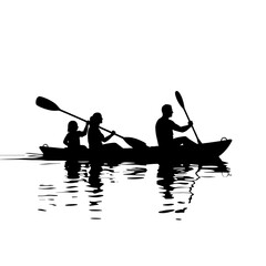 Family kayaking silhouette on calm waters, adventure and outdoor exploration
