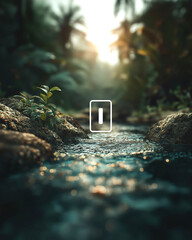 Person walking through a serene forest, lush greenery and a calm river reflecting sunlight, inviting exploration and tranquility.