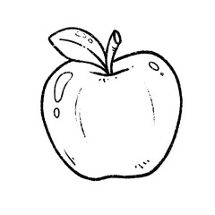 Hand-drawn apple outline with leaf, simple black and white sketch ideal for coloring books and educational materials